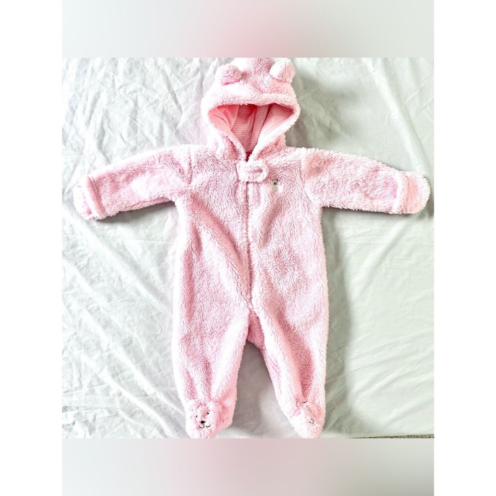 Carter’s Baby Girl 6M Pink Fuzzy Bear Hooded Pram Snowsuit Footed Bunting